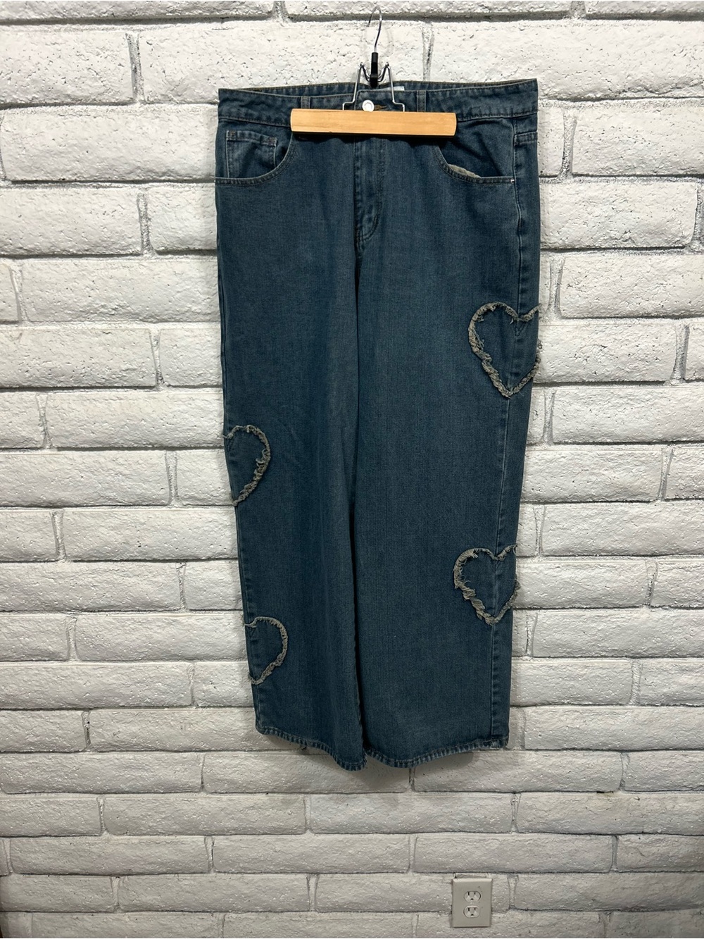Y2K Angel Kiss Wide Leg Jeans Heart Patch Denim Size 13/31